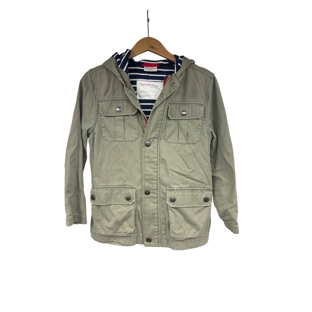 Hanna Andersson‎ Kids Olive Green Cotton Utility Jacket Hooded Field Coat SZ 140